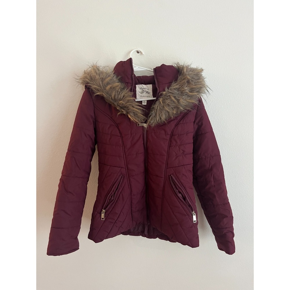 Maralyn & Me Puffer Jacket Women Small Maroon Lined Insulated Ruffle Trim Hooded